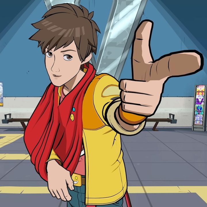Chai points a finger gun at a robot in Hi-Fi Rush.