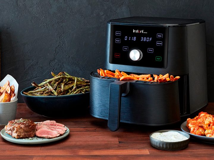 Instant Pot 6 qt Vortex Air Fryer on counter with food.