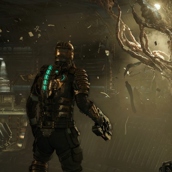 Issac Clarke exploring ruins in Dead Space Remake.