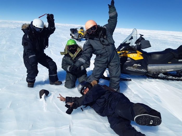 The researchers with their 16.7-pound find. White helmet: Maria Schönbächler. Green helmet: Maria Valdes. Black helmet: Ryoga Maeda. Orange helmet: Vinciane Debaille.