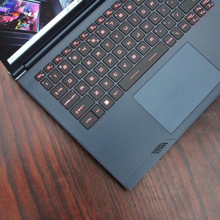 The keyboard on the MSI Stealth 16 Studio gaming laptop.