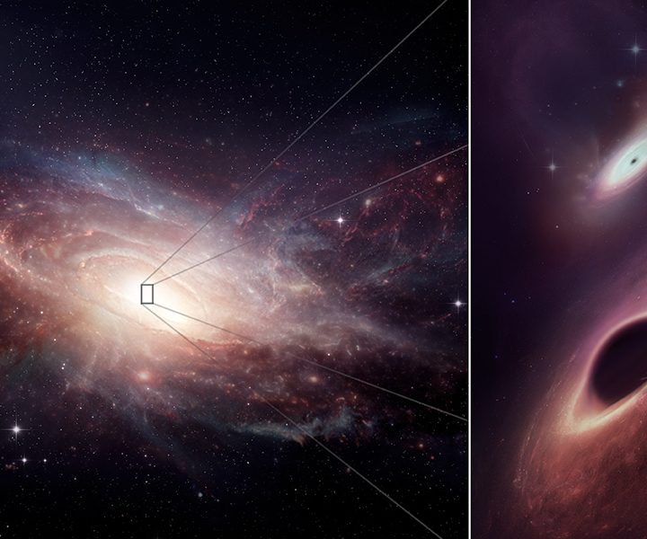 Artist’s conception showing late-stage galaxy merger and its two central black holes.