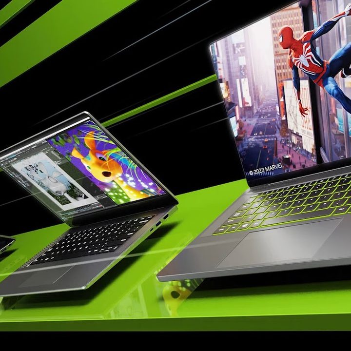 Upcoming Nvidia RTX 40-series laptops over a black and green background.