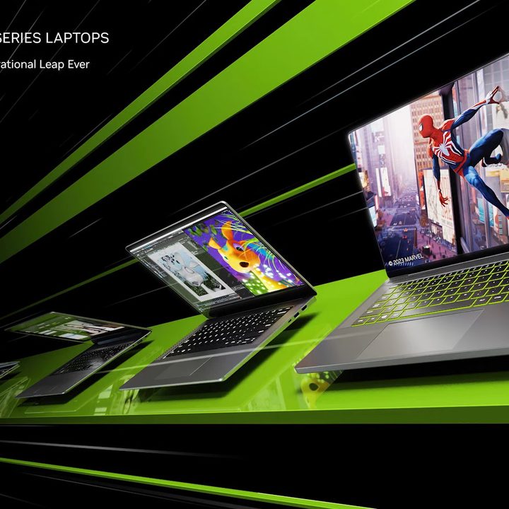 Nvidia RTX 40 laptops over a black and green background.