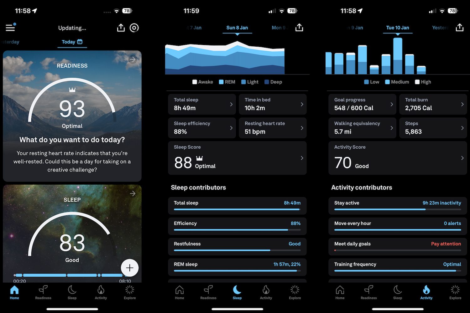 Screenshots showing the Oura Ring's app and data.