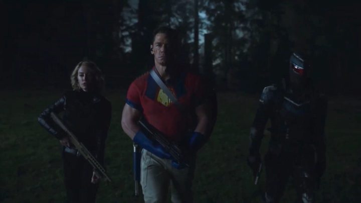 Peacemaker, Vigilante, and Emilia walking at night in "Peacemaker."