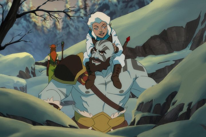 Pike sits on Grog's shoulders in The Legend of Vox Machina Season 2.