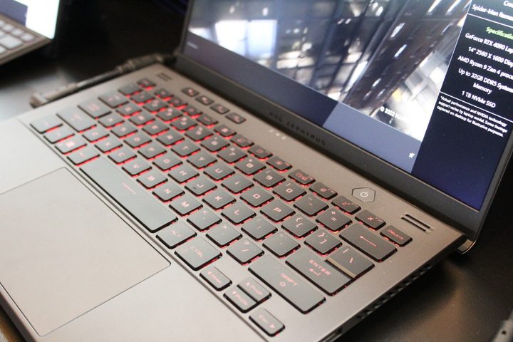 The ROG Zephyrus G14 at a demo table at CES 2023.