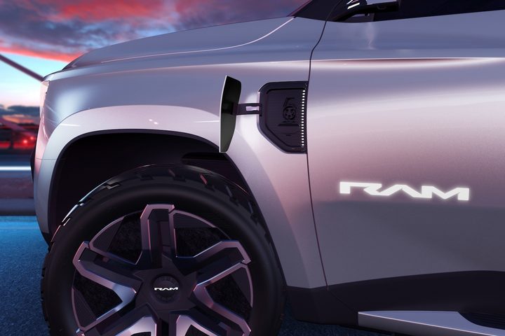 A powerful onboard charger lets the Ram 1500 Revolution BEV concept recover 100 miles of range in 10 minutes.