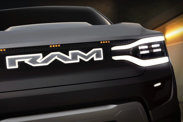 The Ram 1500 Revolution BEV concept's illuminated grille.
