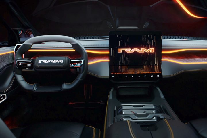The Ram 1500 Revolution BEV concept has a two-piece infotainment display.