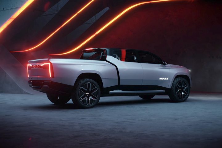 Rear three quarter view of the Ram 1500 Revolution BEV concept.