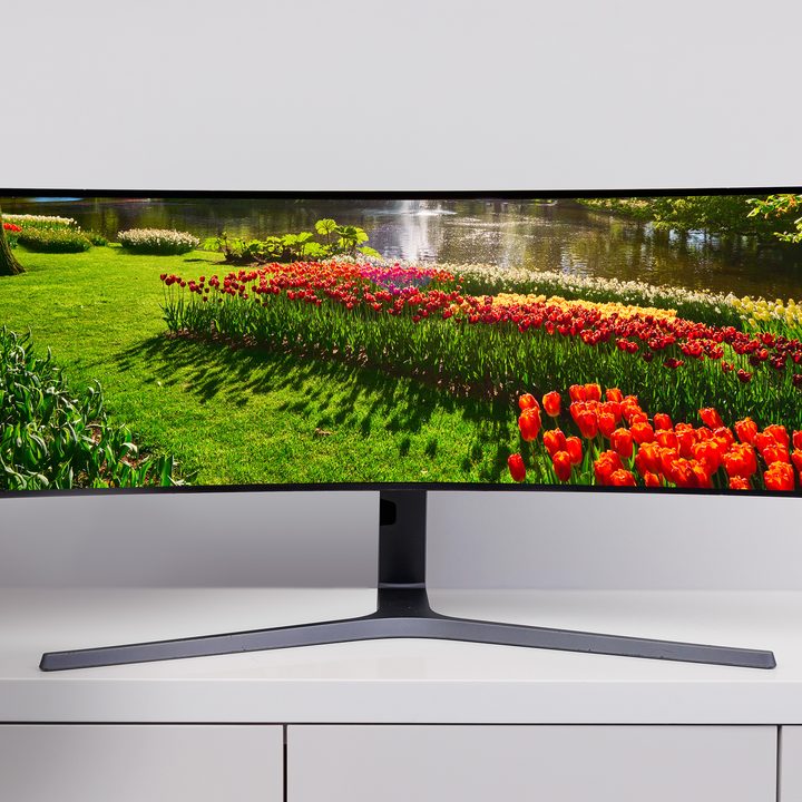 A 49-inch ultra-wide QD-OLED computer monitor as mocked up by Samsung Display