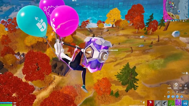 Spider-Gwen traveling with Balloons and the Shockwave Hammer in Fortnite.