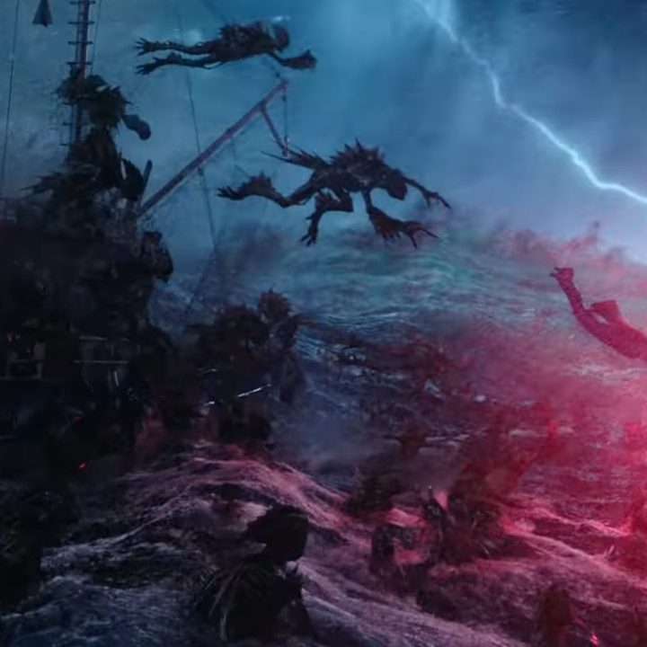 Aquaman and Mera diving away from the Trench in "Aquaman."