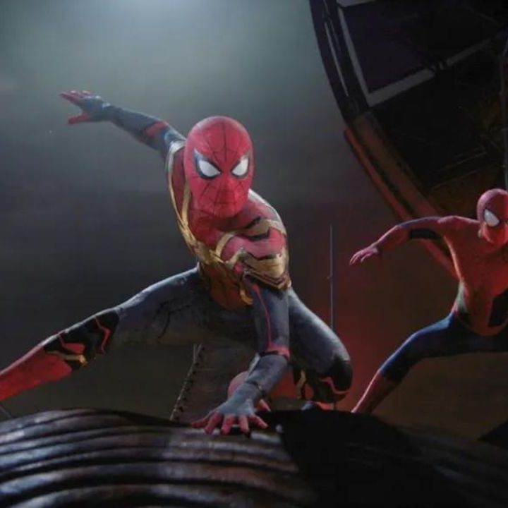 Three Spider-Men posing in Spider-Man: No Way Home.