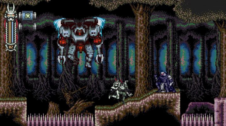Moonrider runs by two enemies in a Vengeful Guardian: Moonrider stage.