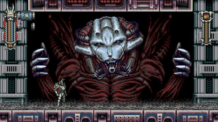 Moonrider approaches the first boss in Vengeful Guardian: Moonrider.
