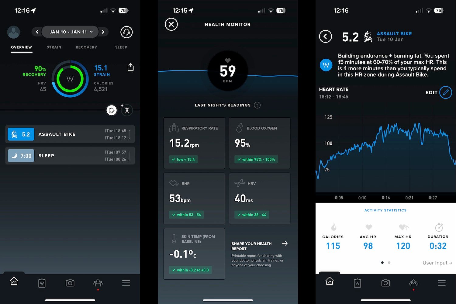 Screenshots showing the Whoop 4.0's app and data.