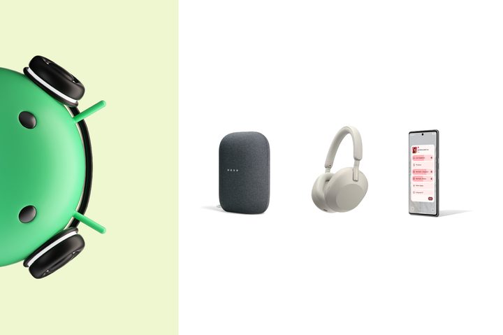 Green Android character wearing headphones, next to a Nest Audio, headphones, and Android phone.
