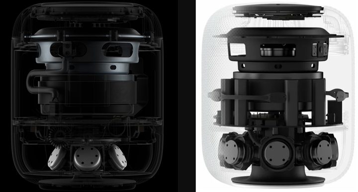 Diagram of the internals of the second and first-gen Apple HomePods side-by-side.