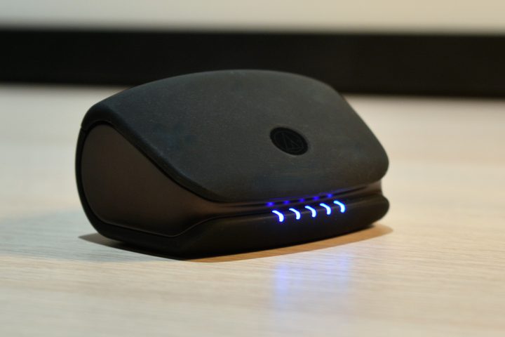 Audio-Technica ATH-TWX9 charging case, lights on.