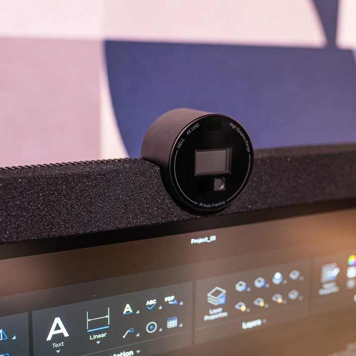 The 4K webcam housed above the Dell UltraSharp 6K monitor.