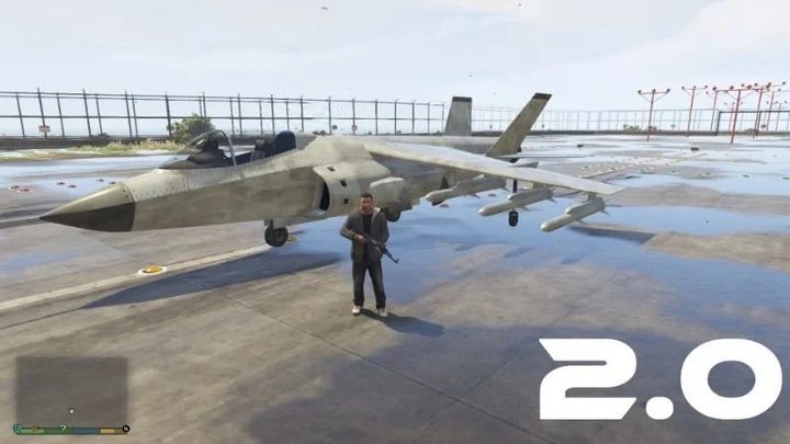 A character standing by a jet.