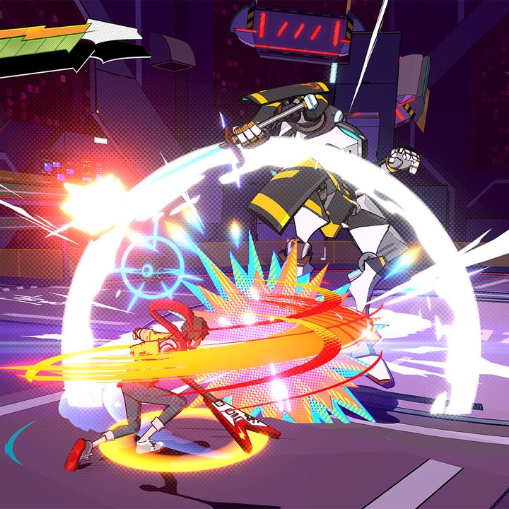 Chai slashes a robot in Hi-Fi Rush.