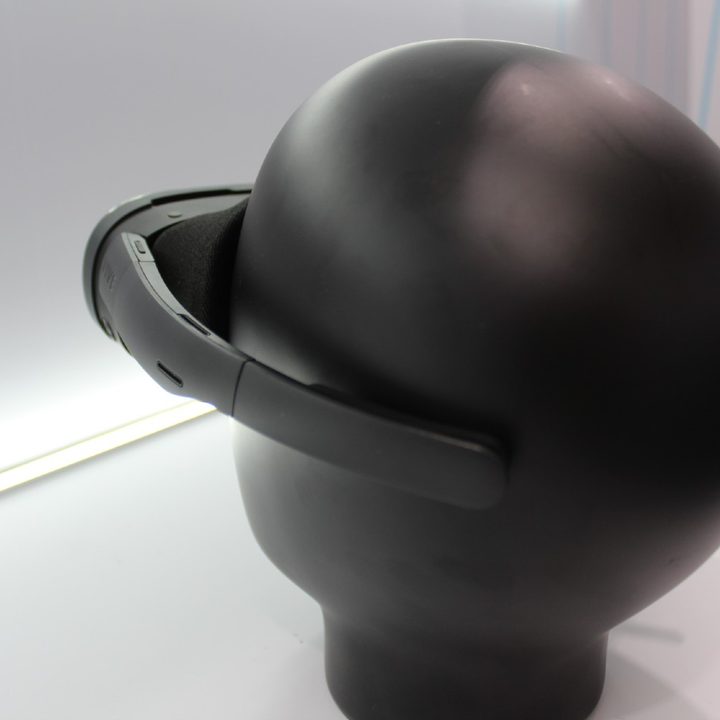The HTC Vive XR Elite in glasses mode on a dummy head.