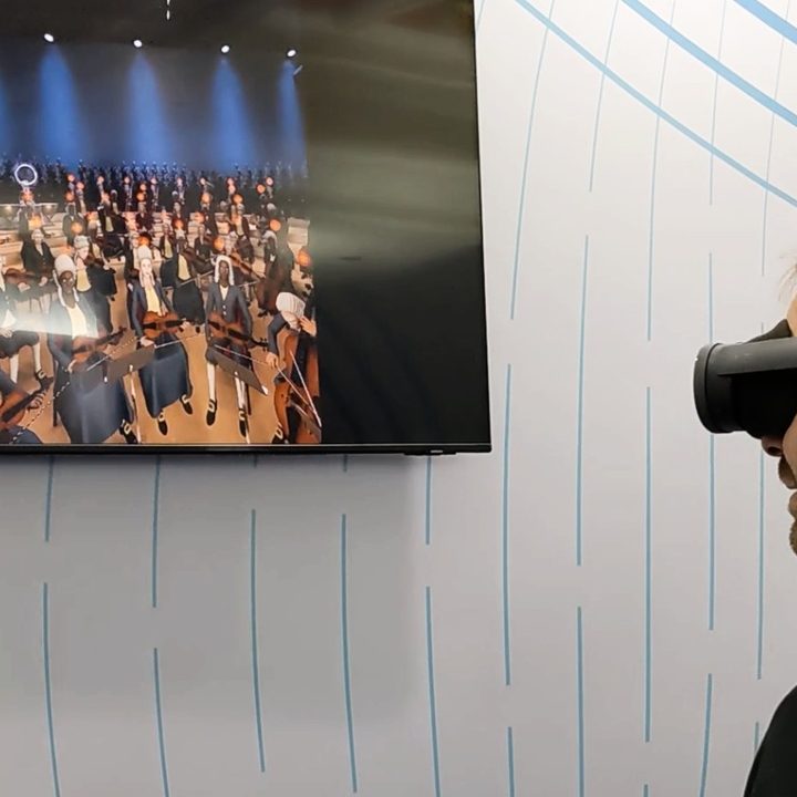 The VR game Maestro on a screen in front of someone using an HTC Vive XR Elite.