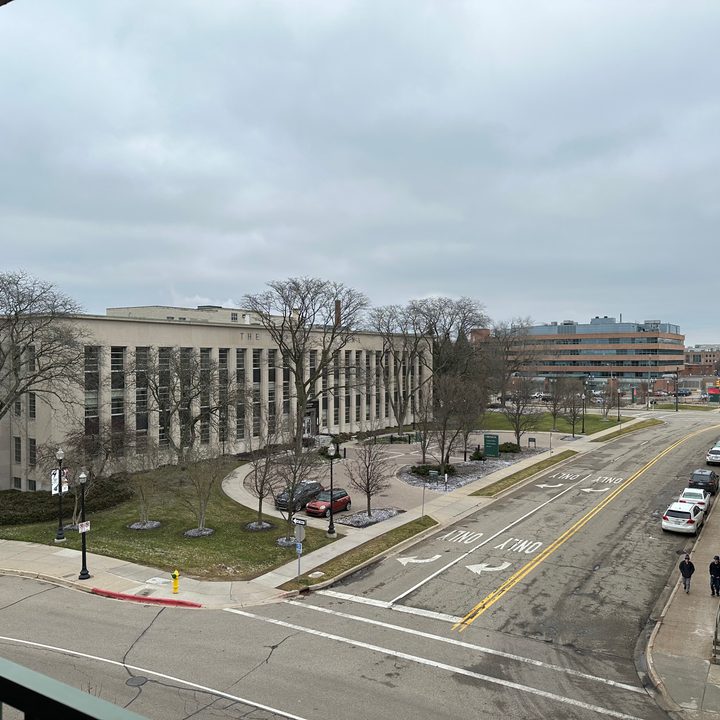 Photo of a building and street during an overcast afternoon in Michigan.