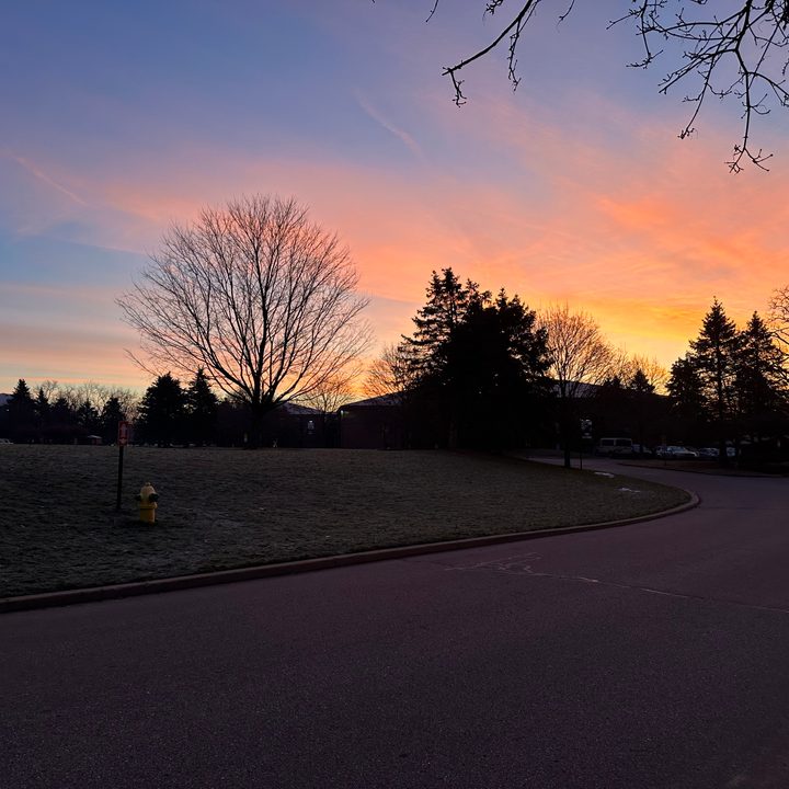 Photo of a sunrise against apartment buildings and trees.