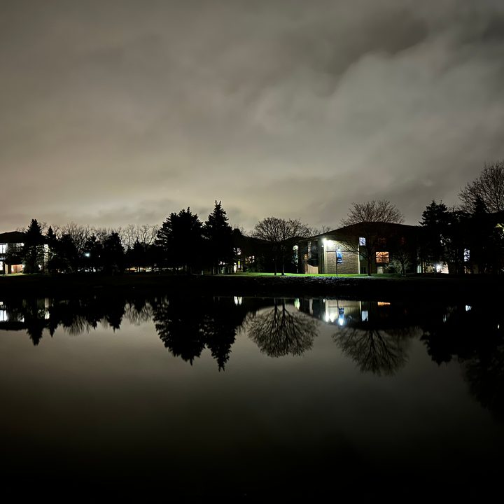 Night mode photo of a pond and overcast skies.