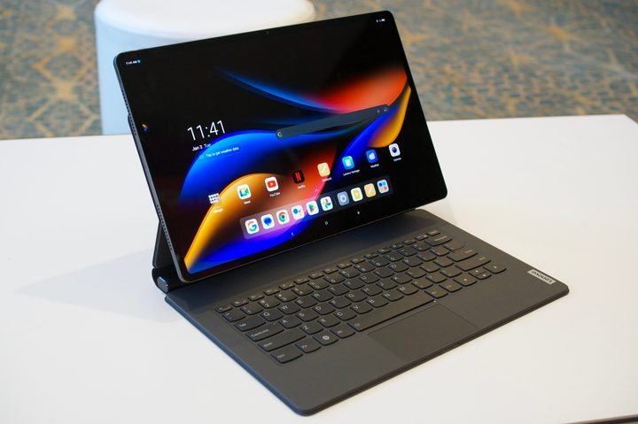 The Lenovo Tab Extreme in its keyboard dock accessory.