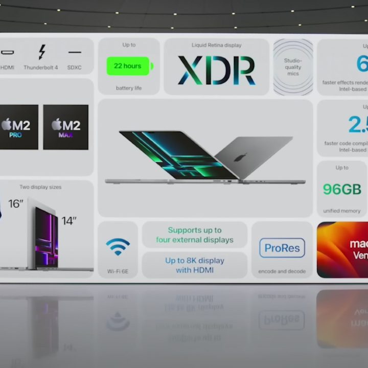 An Apple representative standing in front of a MacBook Pro presentation.