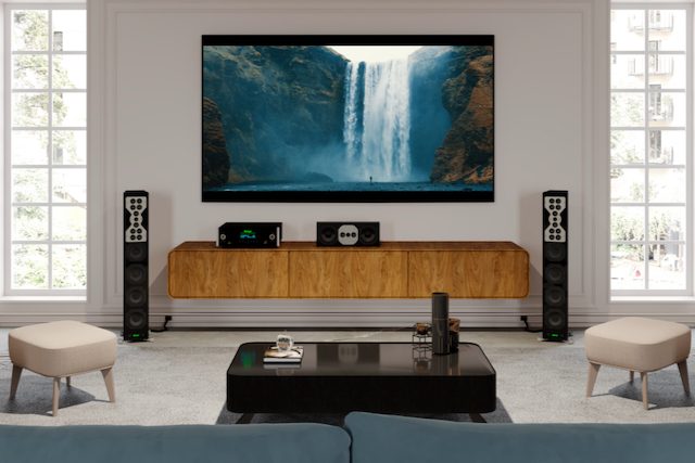 The McIntosh MHT300 Home Theater Receiver in a living room with a TV.