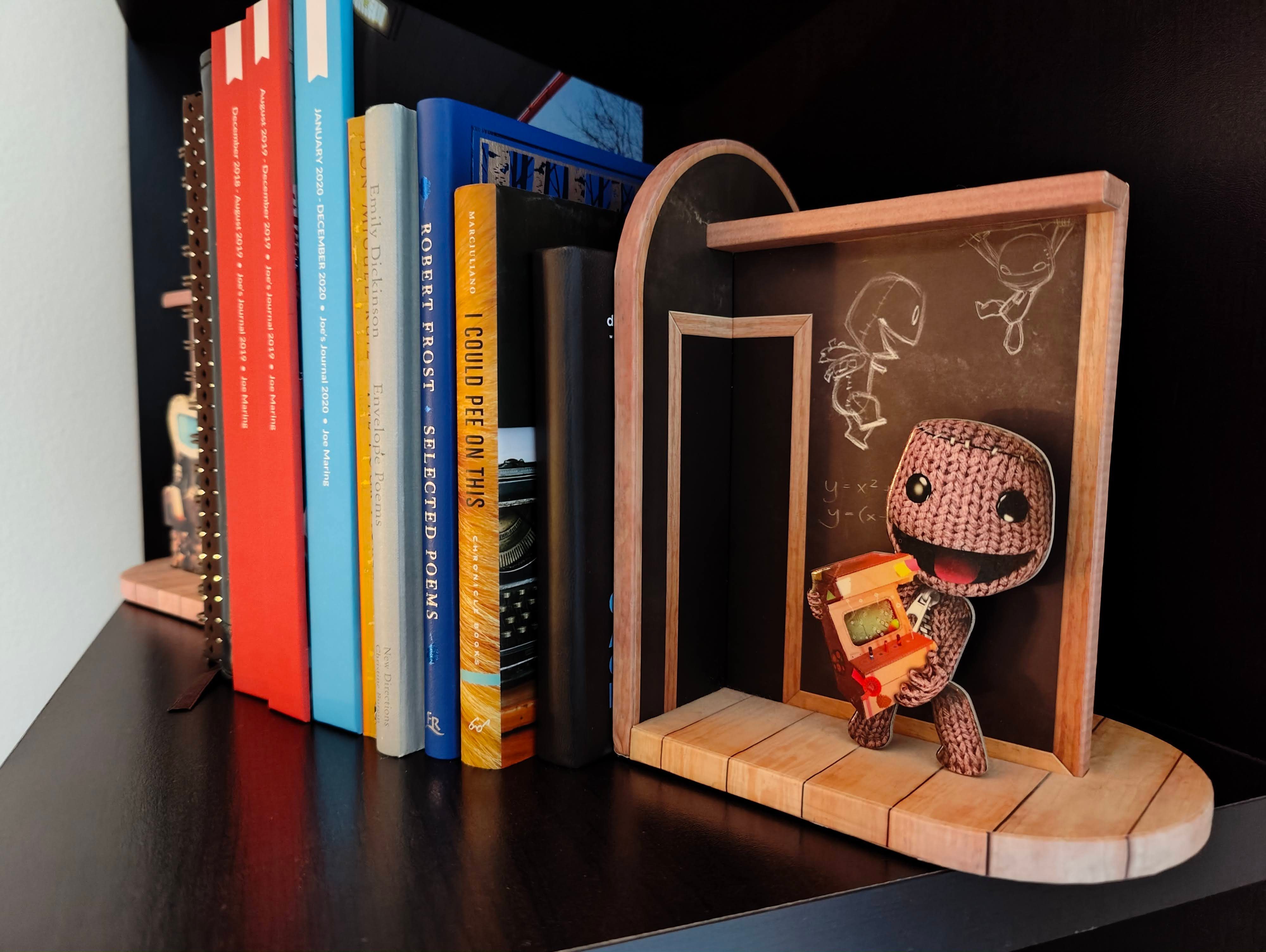 Photo of books standing up with LittleBigPlanet bookends.