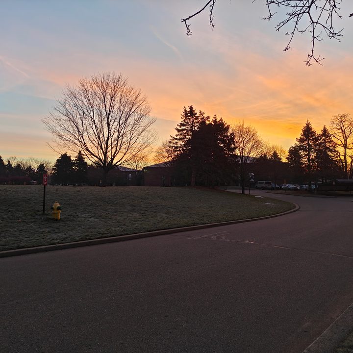 Photo of a sunrise against apartment buildings and trees.