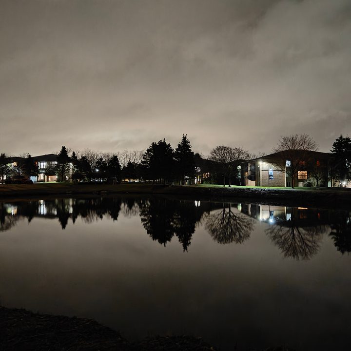 Night mode photo of a pond and overcast skies.