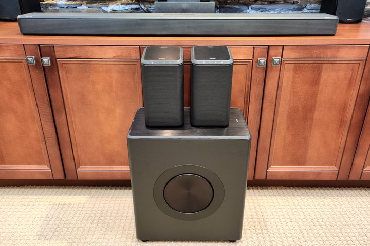Philips Fidelio FW1 subwoofer and pair of FS1 speakers seen below an FB1 soundbar.