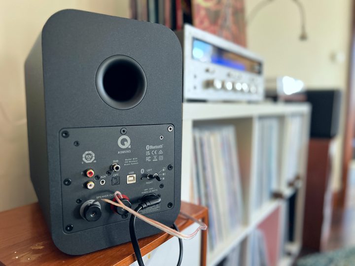 The inputs on the back of the Q Acoustics M20 powered music system.