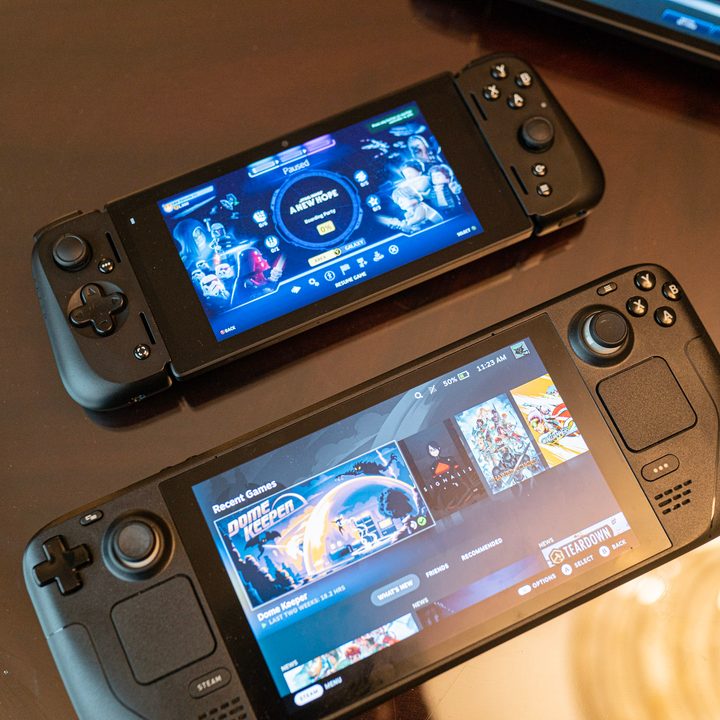 Razer Edge handheld sitting next to a Steam Deck.