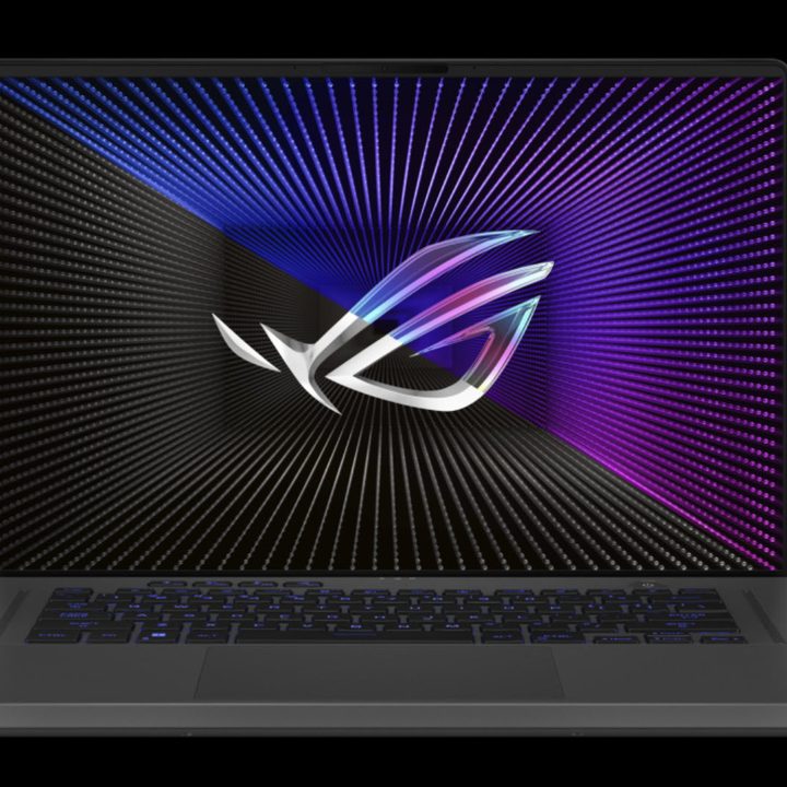 Asus ROG Zephyrus M16 front view showing display and keyboard deck.