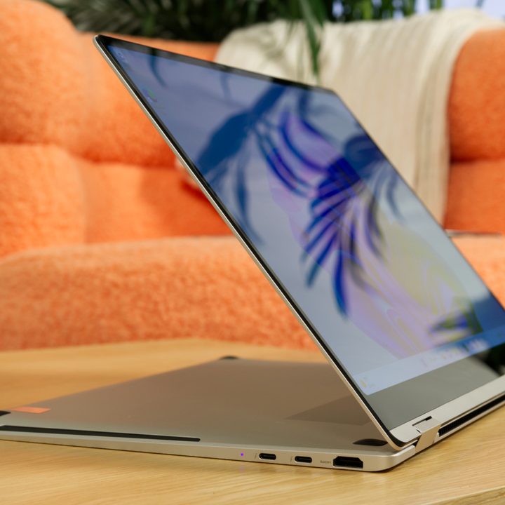 Samsung Galaxy Book 3 Pro 360 propped up on a table with its 360-degree hinge.