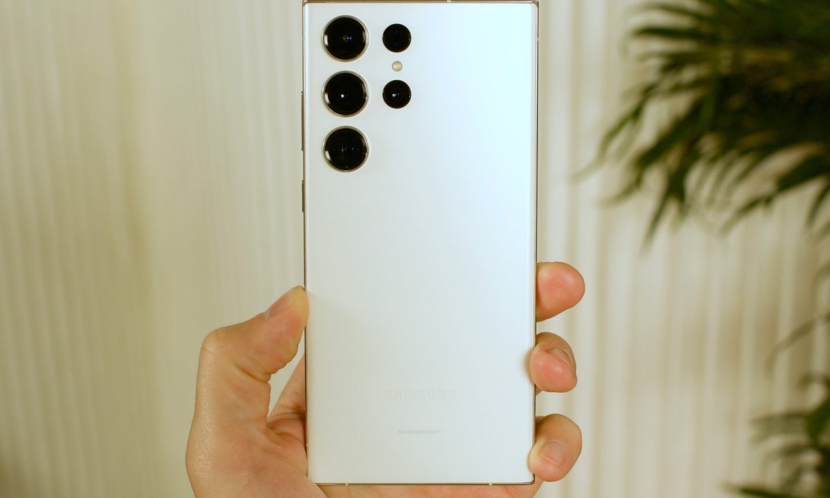 The back of the white Samsung Galaxy S23 Ultra.