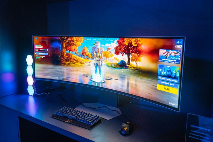 The Samsung Odyssey OLED 49 playing Fortnite.