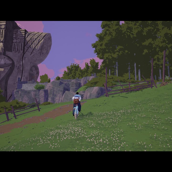 A character rides a bike through a green field in Season: A Letter to the Future.