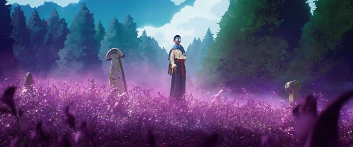 The main character of Season: A Letter to the Future stands in a field of purple flowers.