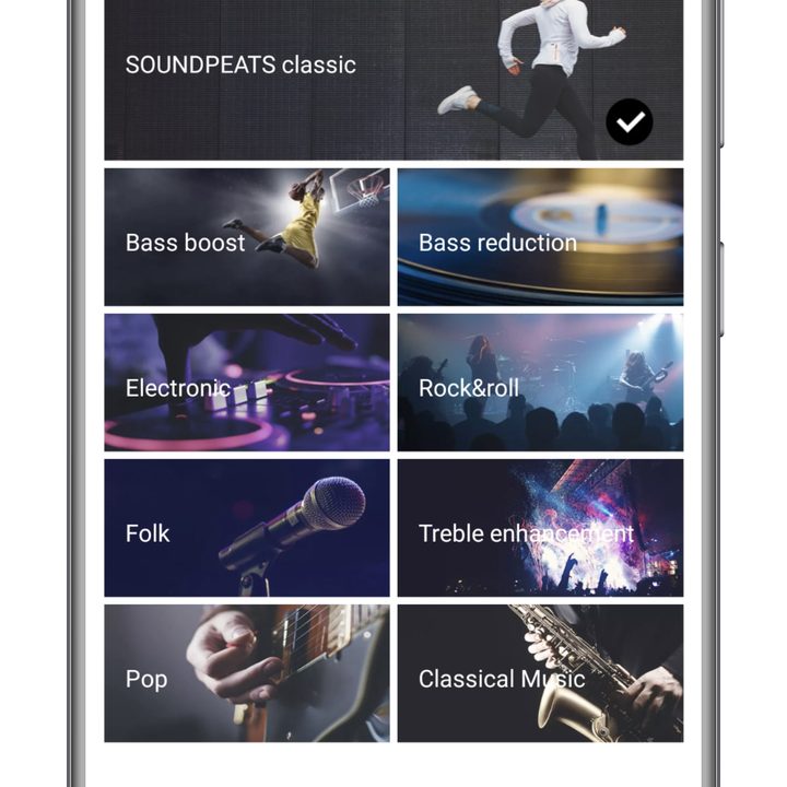 SoundPeats app for Android EQ preset screen.